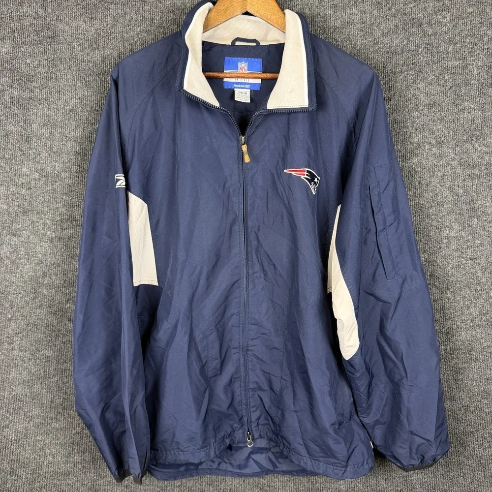 Reebok NFL On Field New England Patriots Jacket Full Zip Windbreaker M Blue Grey